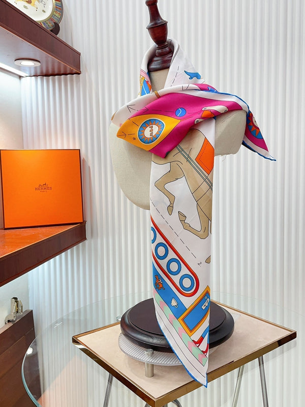 Tea For Two Scarf 90 CM In White Colorful Silk Twill  296691