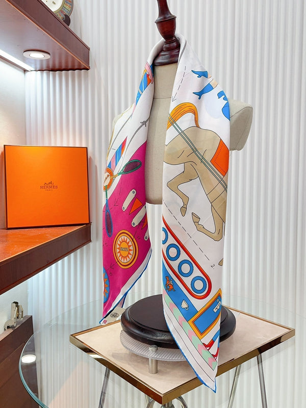 Tea For Two Scarf 90 CM In White Colorful Silk Twill  296691