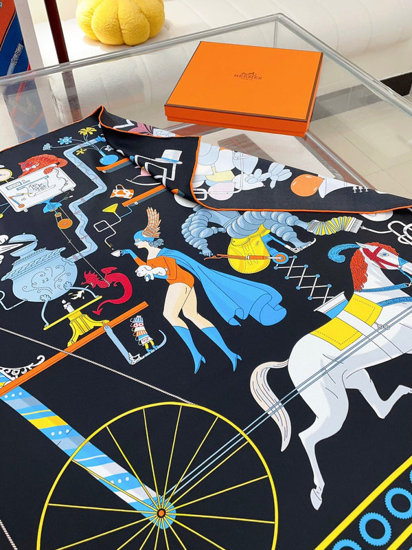 Tea For Two Scarf 90 CM In Black Colorful Silk Twill  296692