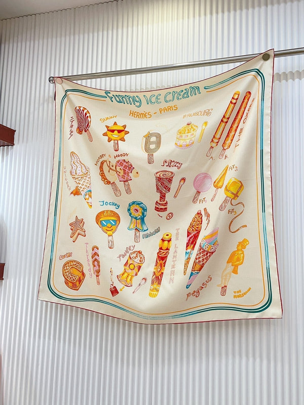Funny Ice Cream Scarf 90 CM In White Colorful Silk Twill 300438