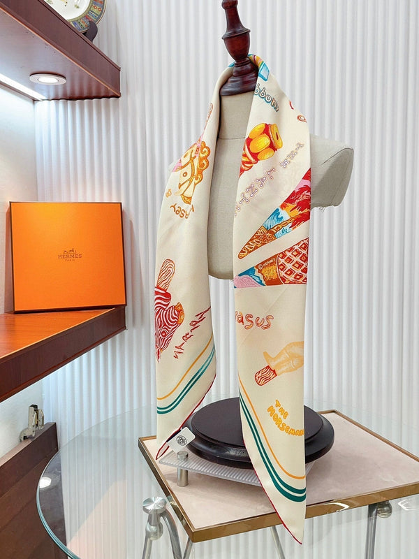 Funny Ice Cream Scarf 90 CM In White Colorful Silk Twill 300438
