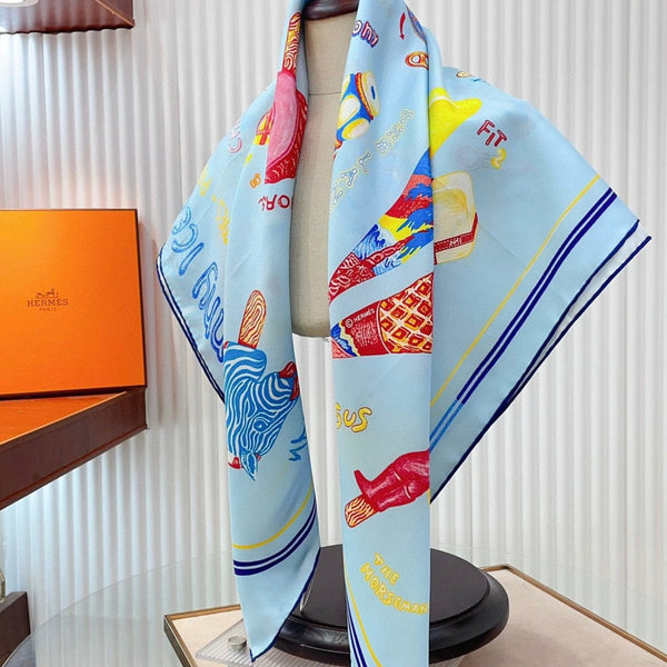 Funny Ice Cream Scarf 90 CM In Light Blue Colorful Silk Twill 300439