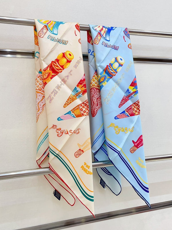 Funny Ice Cream Scarf 90 CM In Light Blue Colorful Silk Twill 300439