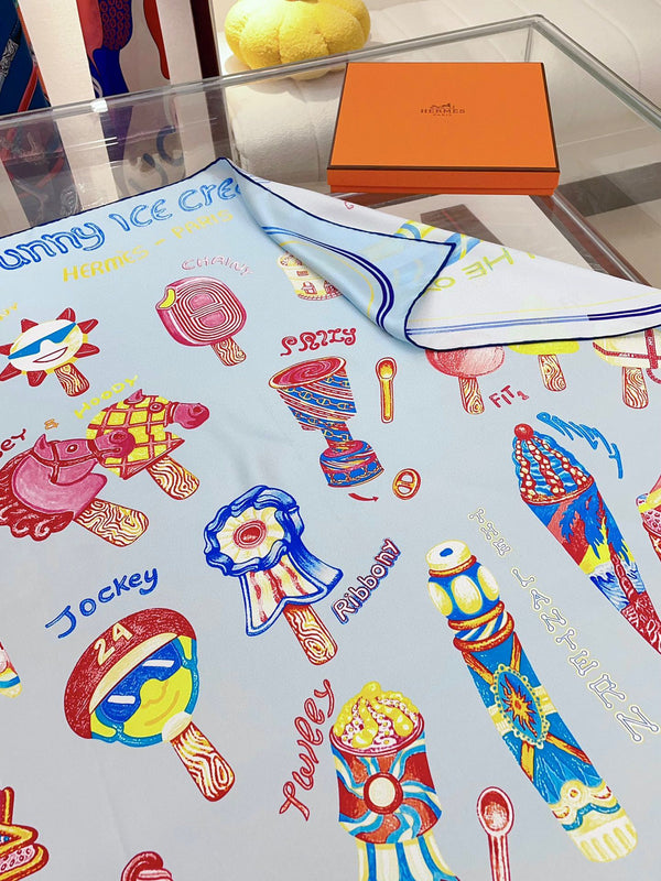Funny Ice Cream Scarf 90 CM In Light Blue Colorful Silk Twill 300439