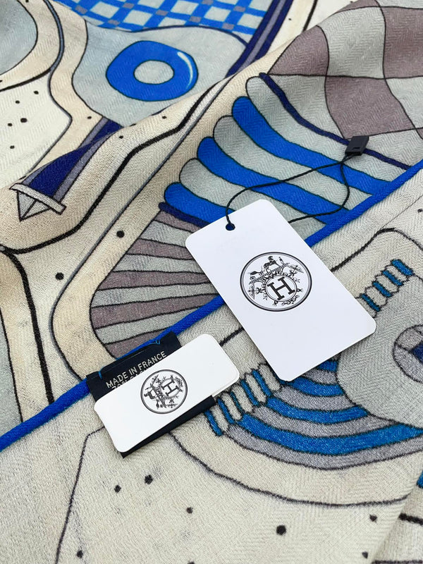 Cosmic Horse Set rectangle Scarf 180 CM In Blue Colorful Cashmere And Silk 308063