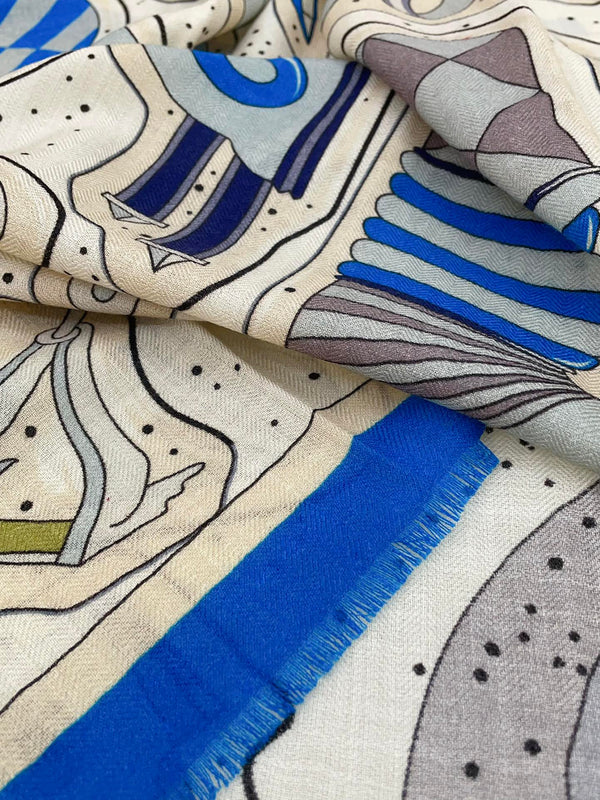 Cosmic Horse Set rectangle Scarf 180 CM In Blue Colorful Cashmere And Silk 308063