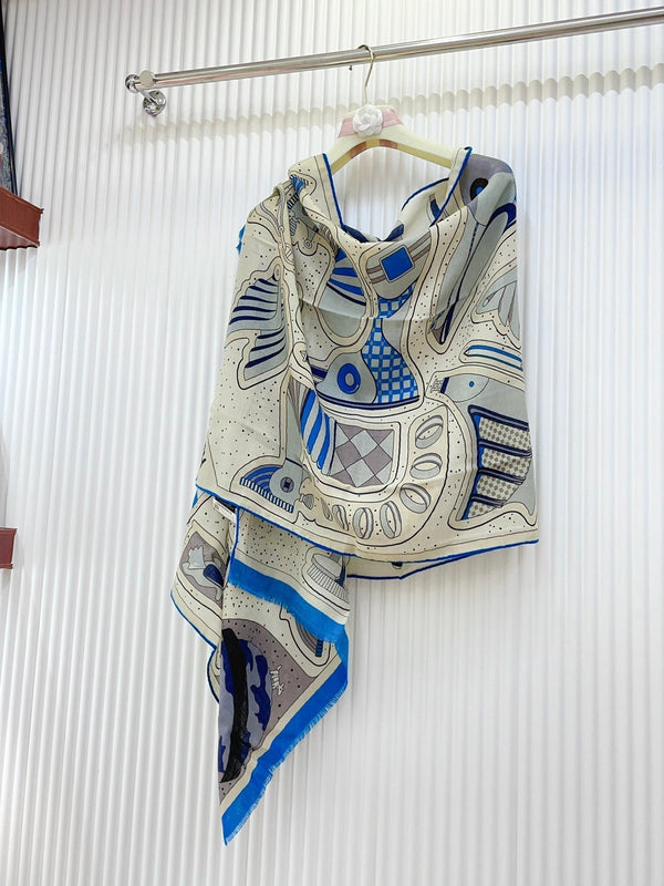 Cosmic Horse Set rectangle Scarf 180 CM In Blue Colorful Cashmere And Silk 308063