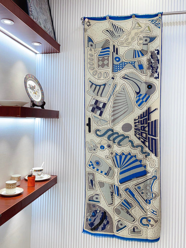 Cosmic Horse Set rectangle Scarf 180 CM In Blue Colorful Cashmere And Silk 308063