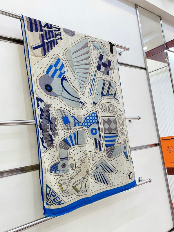 Cosmic Horse Set rectangle Scarf 180 CM In Blue Colorful Cashmere And Silk 308063