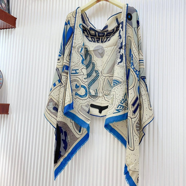 Cosmic Horse Set rectangle Scarf 180 CM In Blue Colorful Cashmere And Silk 308063