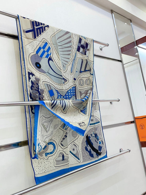 Cosmic Horse Set rectangle Scarf 180 CM In Blue Colorful Cashmere And Silk 308063