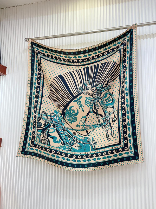 Cheval Punk Bandana Scarf 90 CM In Beige Mix Black Deep Green  Silk Twill 309211