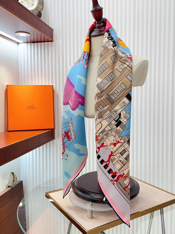 Parade Scarf 90 CM In Light Blue Colorful Silk Twill 310305