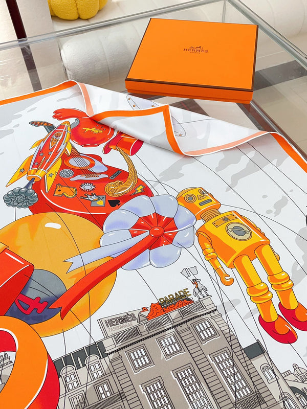 Parade Scarf 90 CM In White Grey Colorful Silk Twill 310306