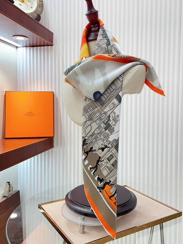 Parade Scarf 90 CM In White Grey Colorful Silk Twill 310306