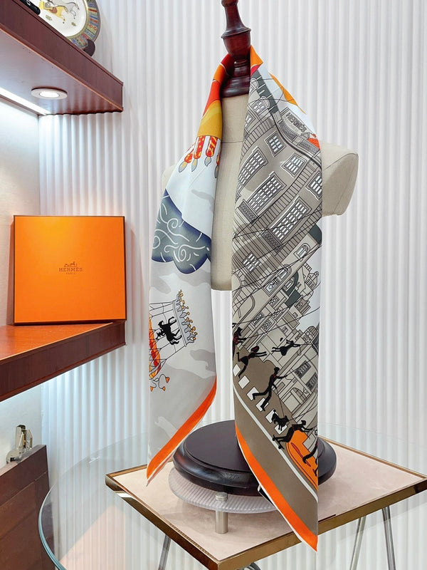 Parade Scarf 90 CM In White Grey Colorful Silk Twill 310306