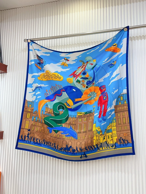 Parade Scarf 90 CM In Blue Colorful Silk Twill 310307