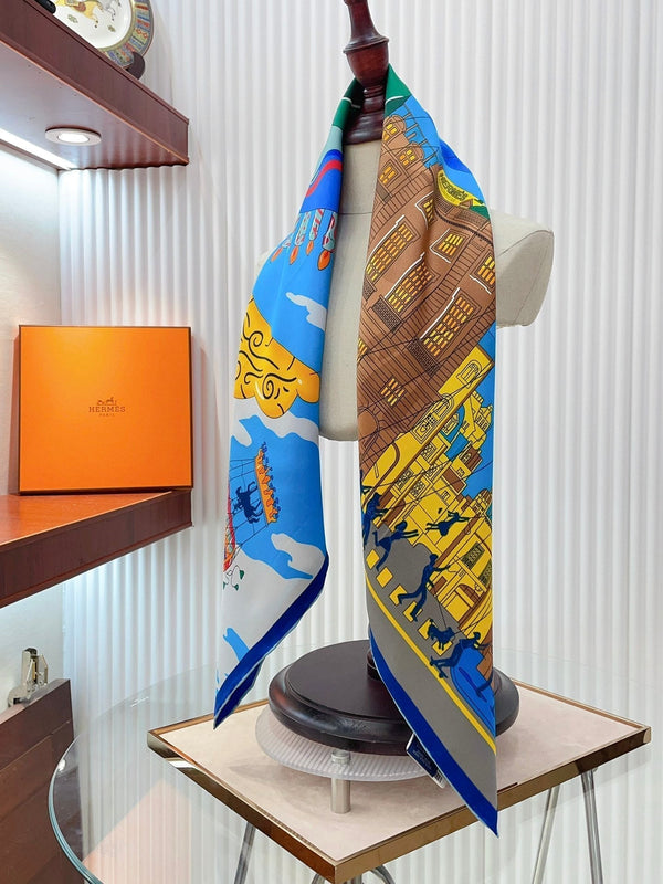 Parade Scarf 90 CM In Blue Colorful Silk Twill 310307