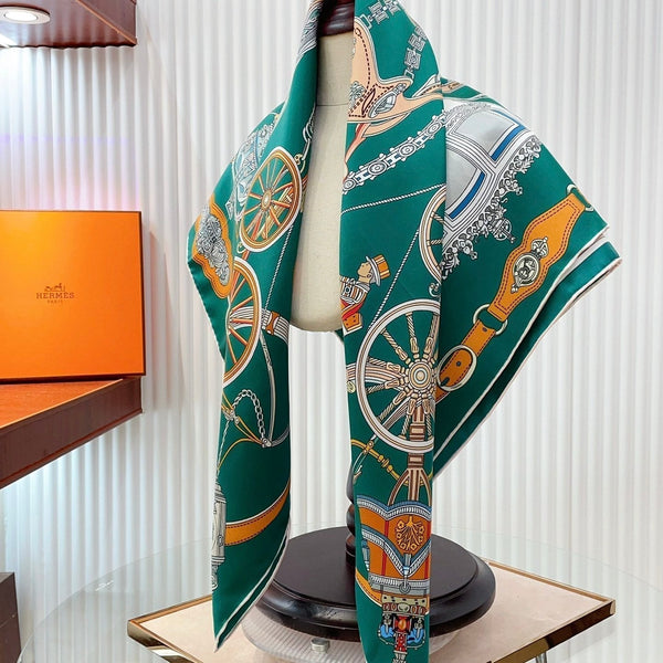 Stately Wheels Scarf 90 CM Dark Green Colorful Silk Twill 312875