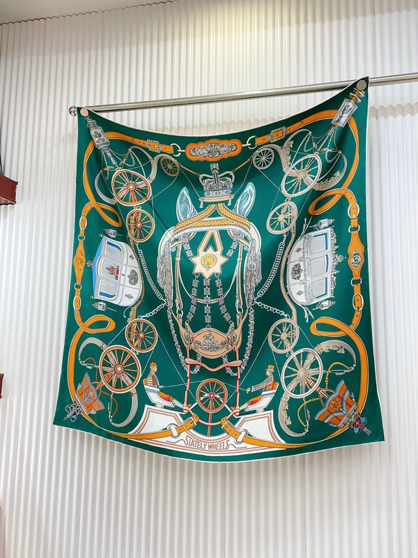 Stately Wheels Scarf 90 CM Dark Green Colorful Silk Twill 312875