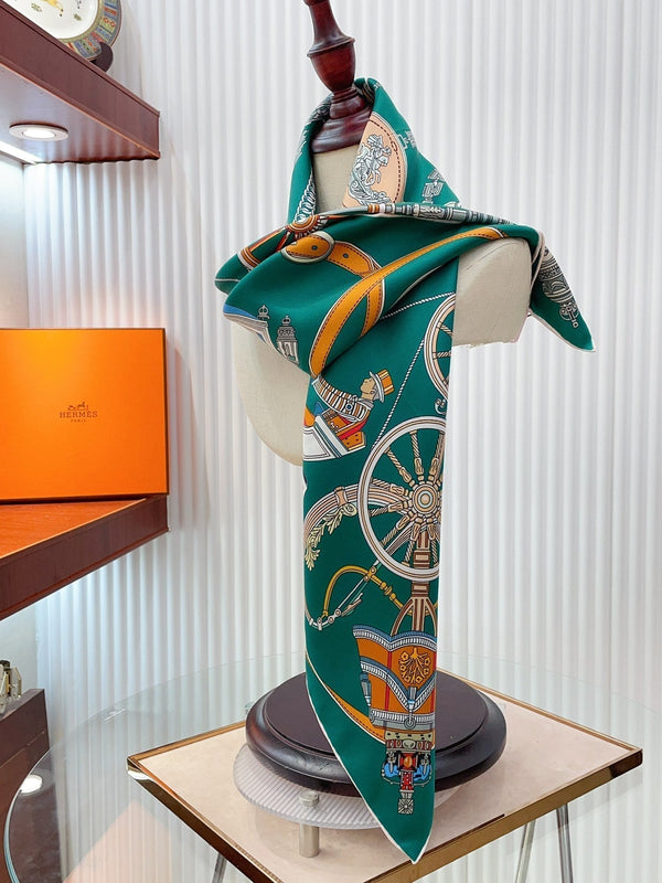 Stately Wheels Scarf 90 CM Dark Green Colorful Silk Twill 312875