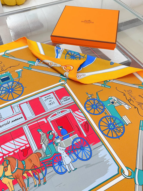 Palonniers scarf 90 CM In Orange Colorful Silk Twill 321910