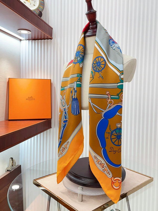 Palonniers scarf 90 CM In Orange Colorful Silk Twill 321910