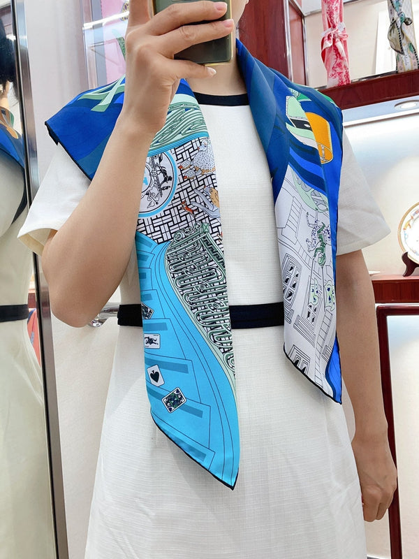 Mystere Au 24 Scarf 90 CM In Dark Blue Colorful Silk Twill 321935