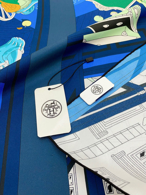 Mystere Au 24 Scarf 90 CM In Dark Blue Colorful Silk Twill 321935