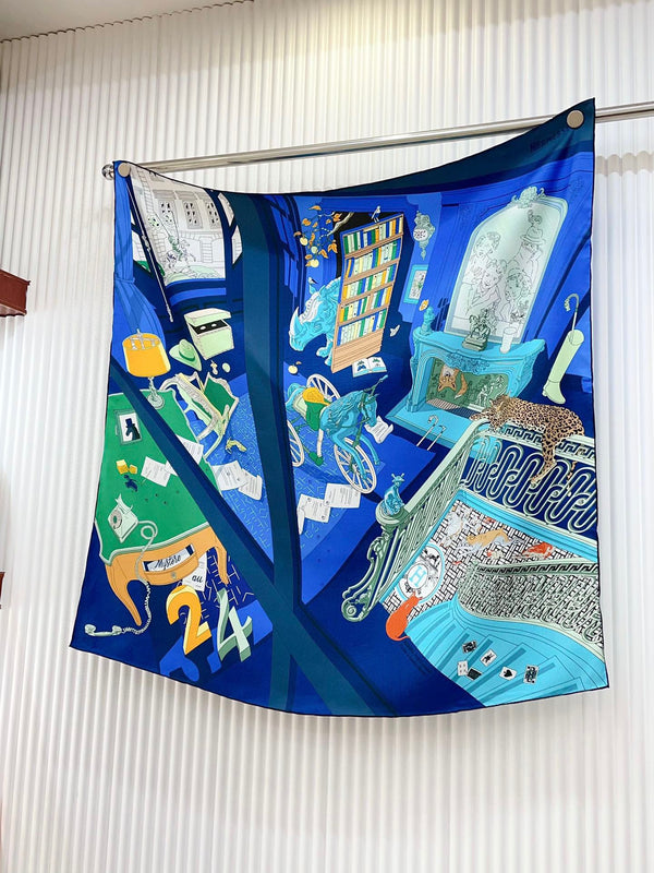 Mystere Au 24 Scarf 90 CM In Dark Blue Colorful Silk Twill 321935