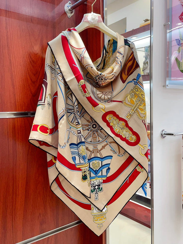 Stately Wheels Scarf 135 CM In Beige Colorful Cashmere And Silk 327468