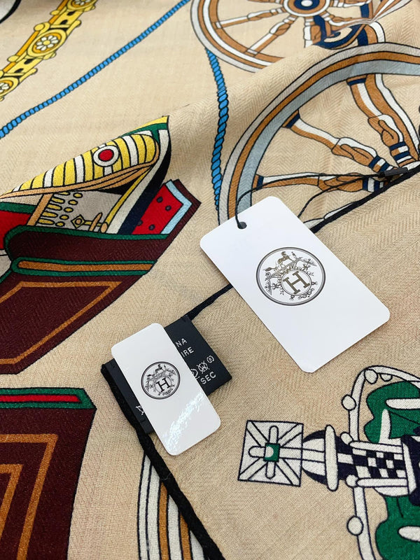 Stately Wheels Scarf 135 CM In Beige Colorful Cashmere And Silk 327468