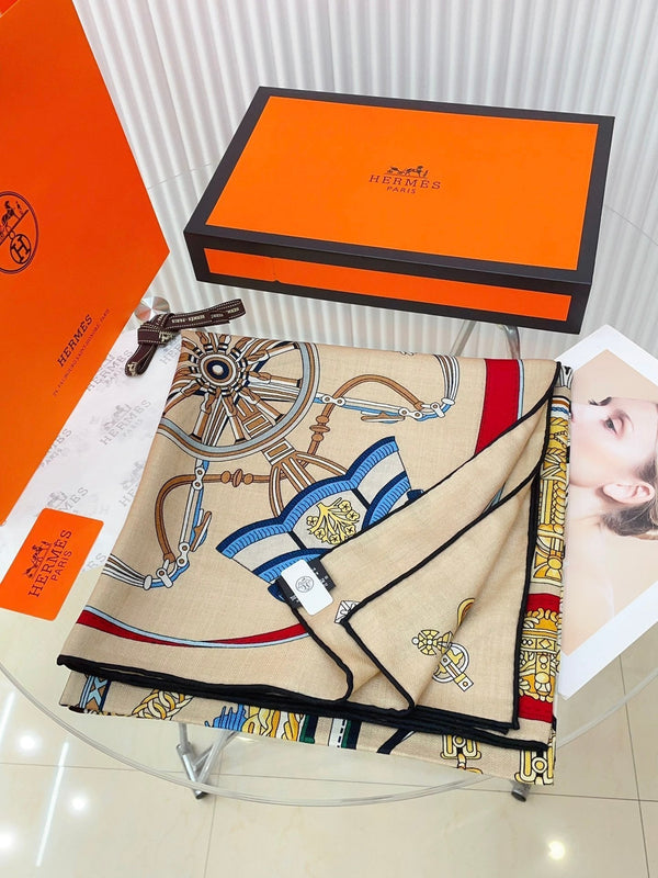 Stately Wheels Scarf 135 CM In Beige Colorful Cashmere And Silk 327468