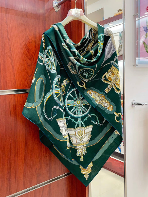 Stately Wheels Scarf 135 CM In Dark Green Colorful Cashmere And Silk 327470