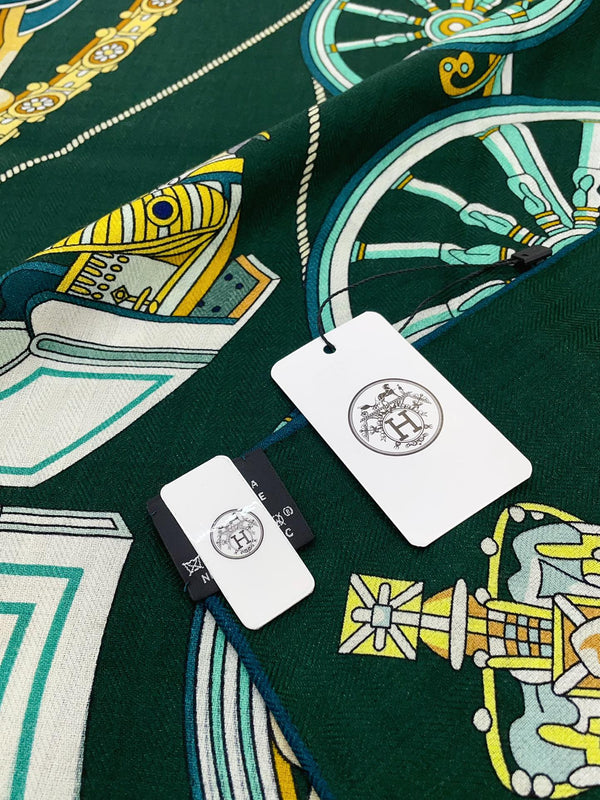 Stately Wheels Scarf 135 CM In Dark Green Colorful Cashmere And Silk 327470