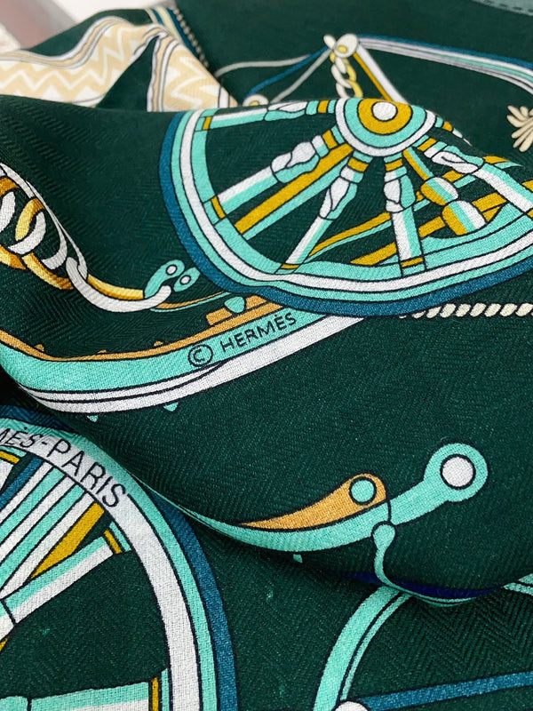Stately Wheels Scarf 135 CM In Dark Green Colorful Cashmere And Silk 327470