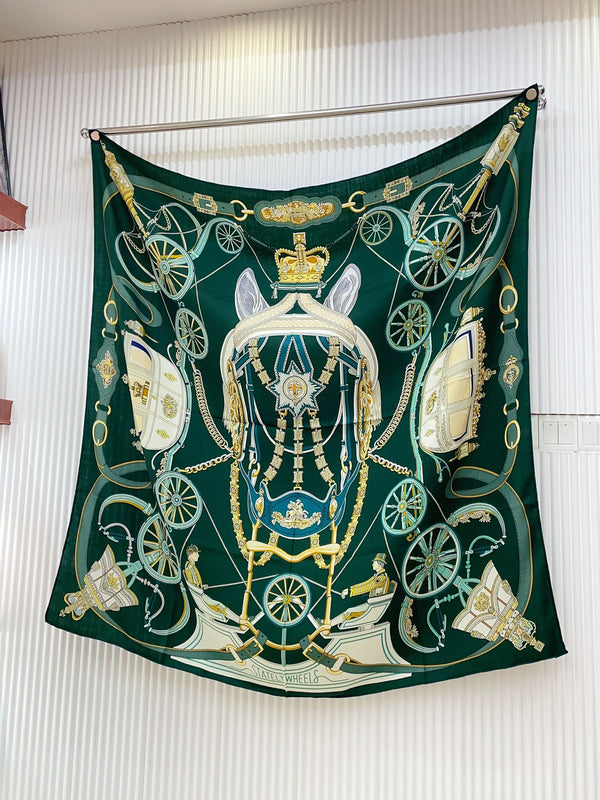 Stately Wheels Scarf 135 CM In Dark Green Colorful Cashmere And Silk 327470