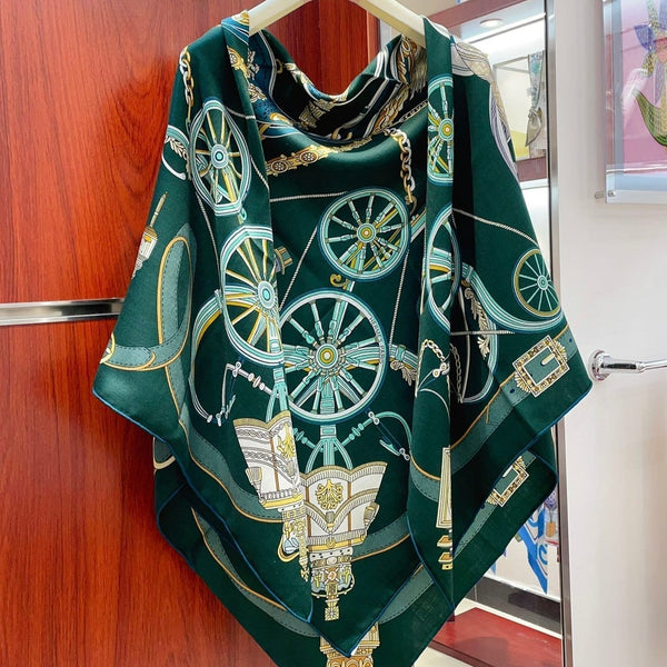 Stately Wheels Scarf 135 CM In Dark Green Colorful Cashmere And Silk 327470