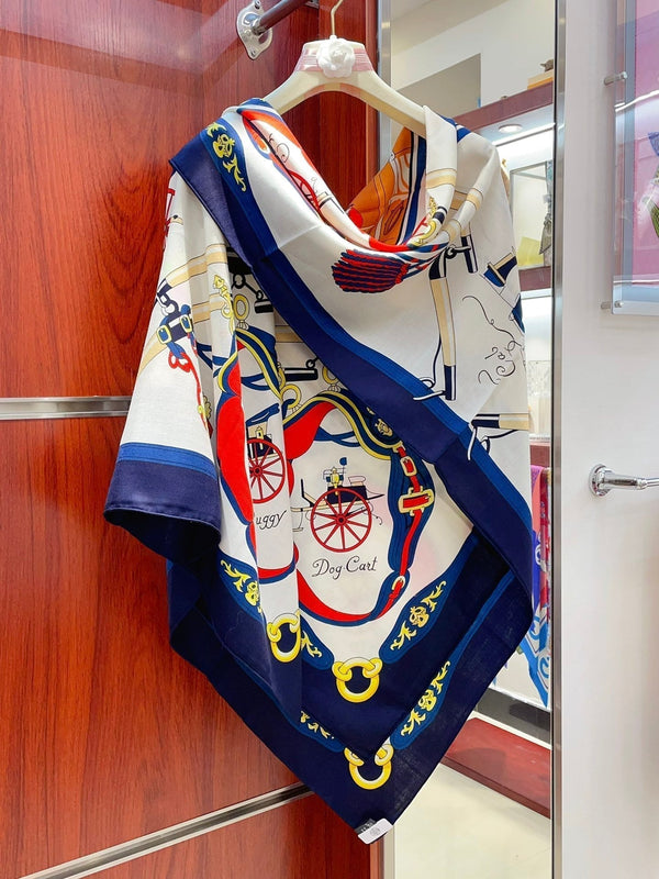 Palonniers Scarf 135 CM In Navy Blue Colorful Cashmere And Silk 327473