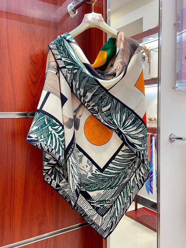 Cavalier en Formes shawl 140 CM In Duck Neck Blue Colorful Cashmere And Silk 331713