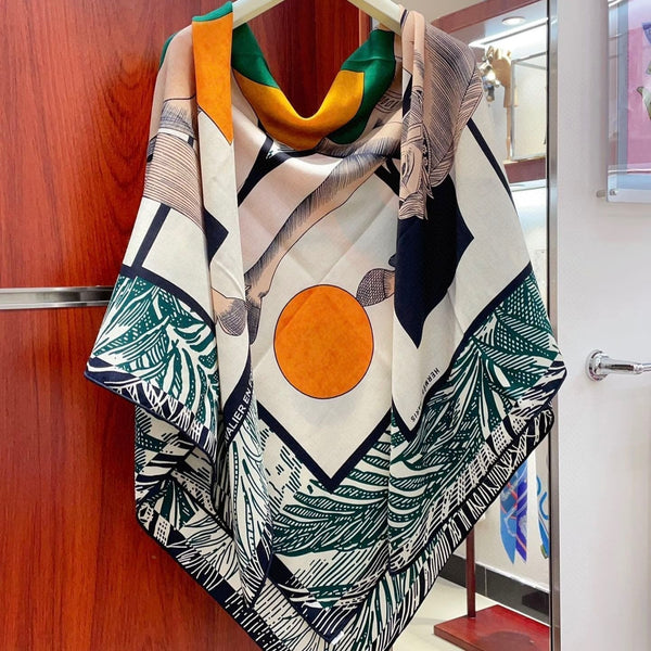 Cavalier en Formes shawl 140 CM In Duck Neck Blue Colorful Cashmere And Silk 331713