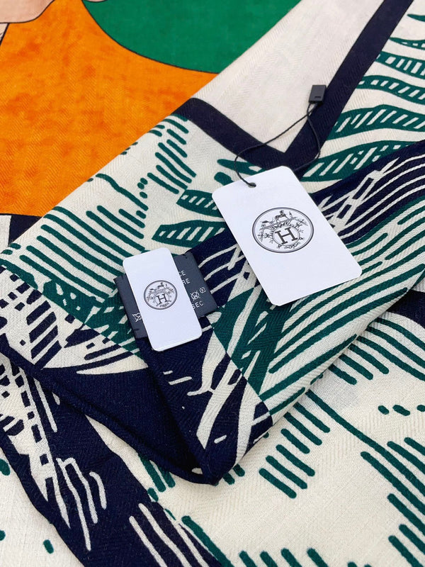 Cavalier en Formes shawl 140 CM In Duck Neck Blue Colorful Cashmere And Silk 331713