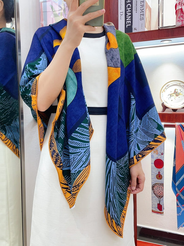 Cavalier en Formes shawl 140 CM In Dark Blue Colorful Cashmere And Silk 331715