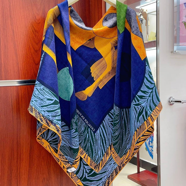 Cavalier en Formes shawl 140 CM In Dark Blue Colorful Cashmere And Silk 331715