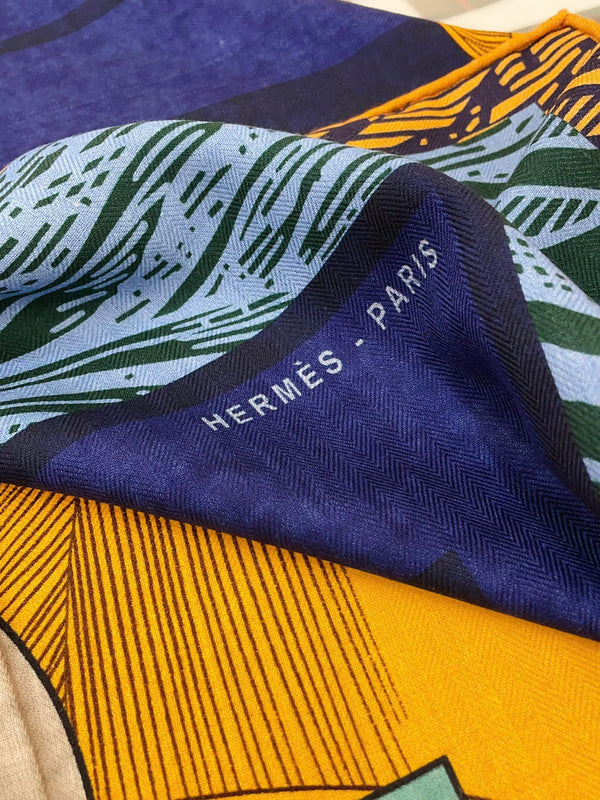 Cavalier en Formes shawl 140 CM In Dark Blue Colorful Cashmere And Silk 331715