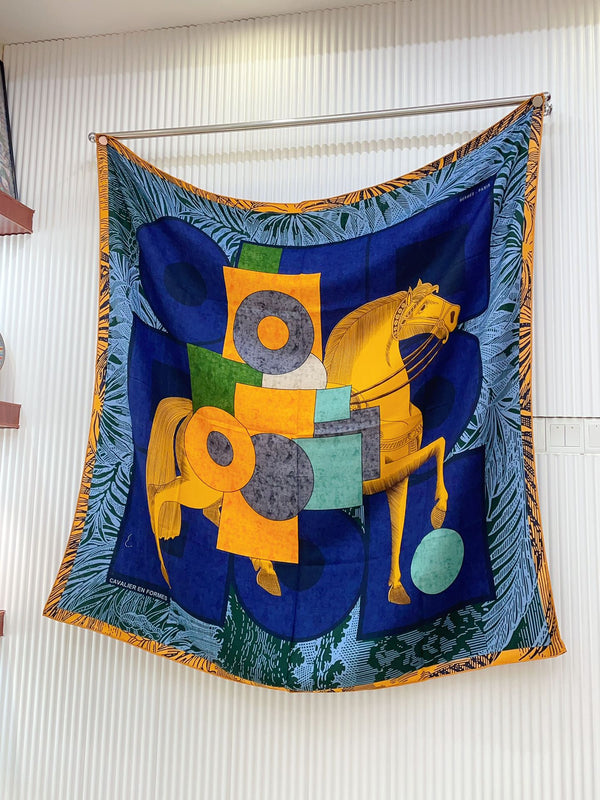 Cavalier en Formes shawl 140 CM In Dark Blue Colorful Cashmere And Silk 331715