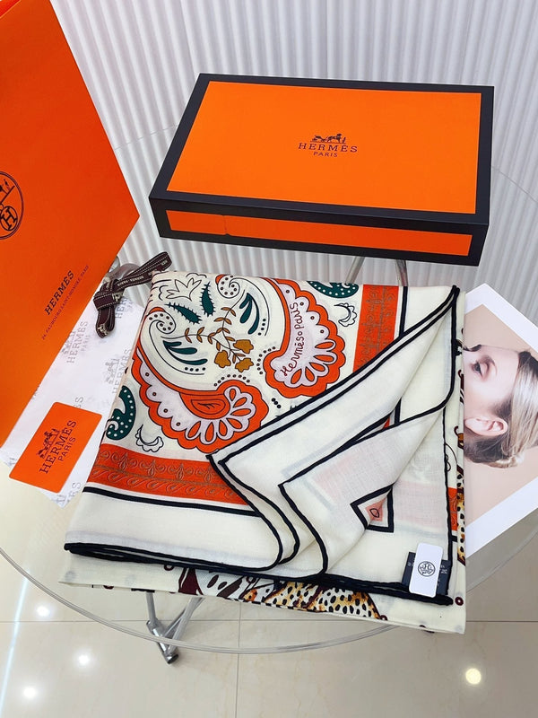 Guepards Bandana Double Face Scarf 140 CM In White Mix Red Colorful Cashmere And Silk 334190