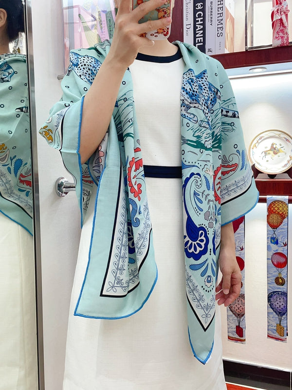 Guepards Bandana Double Face Scarf 140 CM In Light Turquoise Colorful Cashmere And Silk 334191