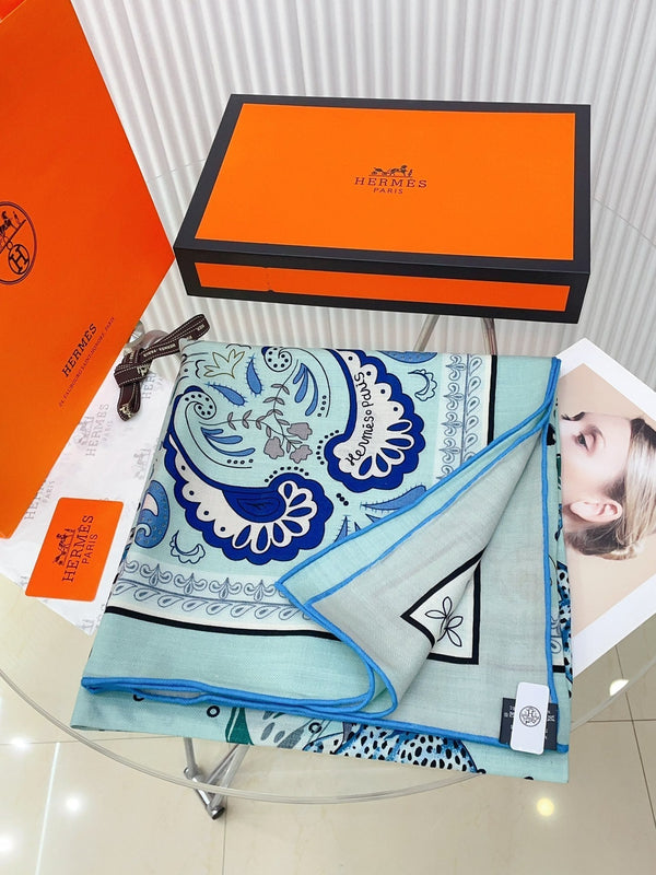 Guepards Bandana Double Face Scarf 140 CM In Light Turquoise Colorful Cashmere And Silk 334191
