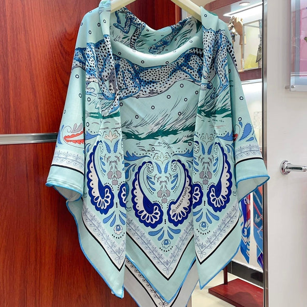 Guepards Bandana Double Face Scarf 140 CM In Light Turquoise Colorful Cashmere And Silk 334191